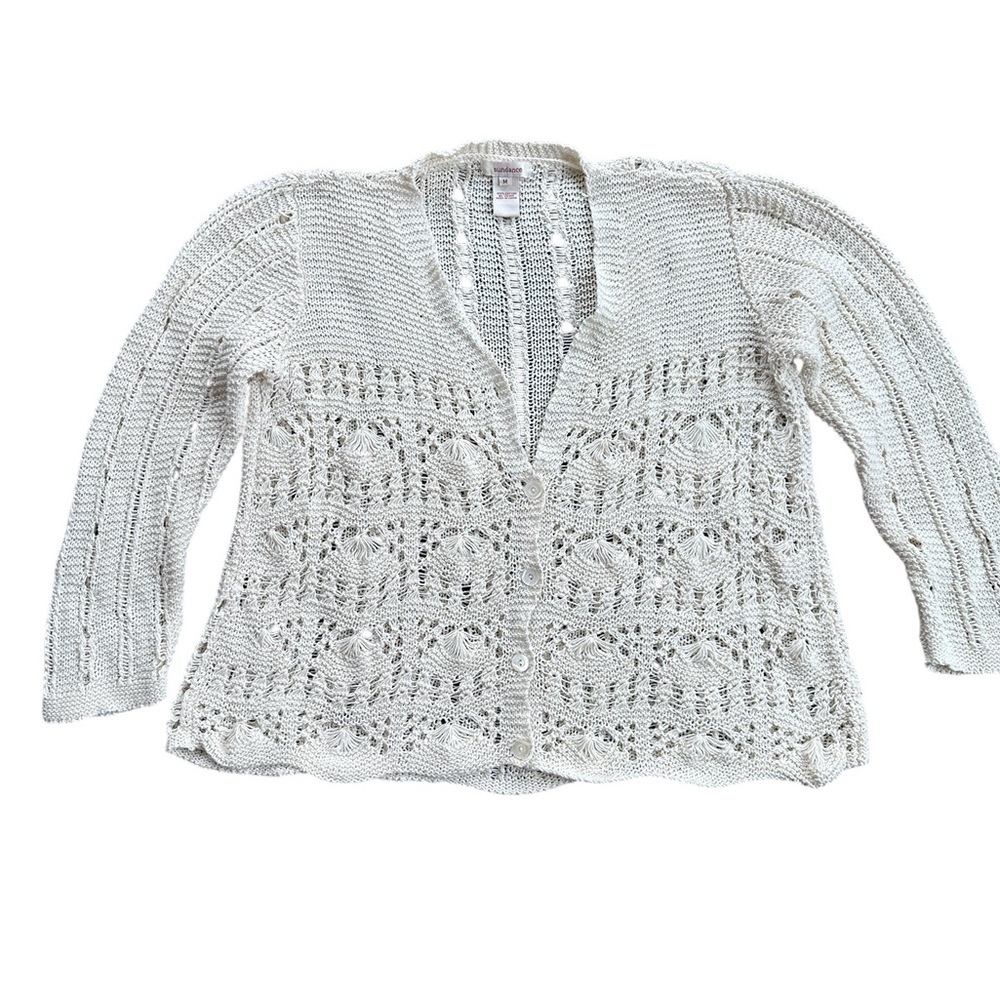 Sundance Crochet Knit Cardigan Wmn Medium Cream Excellent Boho Open Weave Cotton